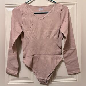 MRGINT Bodysuit in Tan Size Large V Neck Long Sleeved Snap Closure NWOT